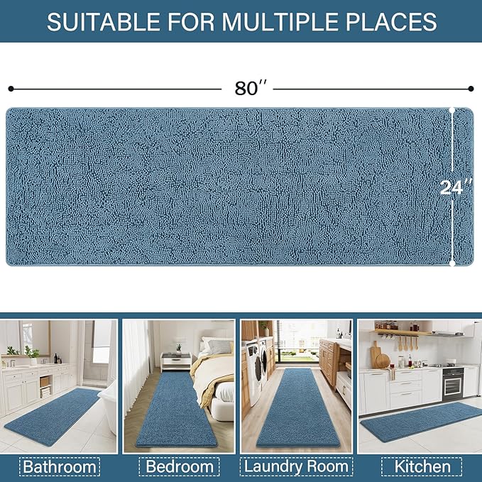 LOCHAS Luxury Bathroom Rug Shaggy Bath Mat 24 x 80 Inch, Washable Non Slip Bath Rugs for Bathroom Shower, Soft Plush Chenille Absorbent Carpets Mats, Denim Blue