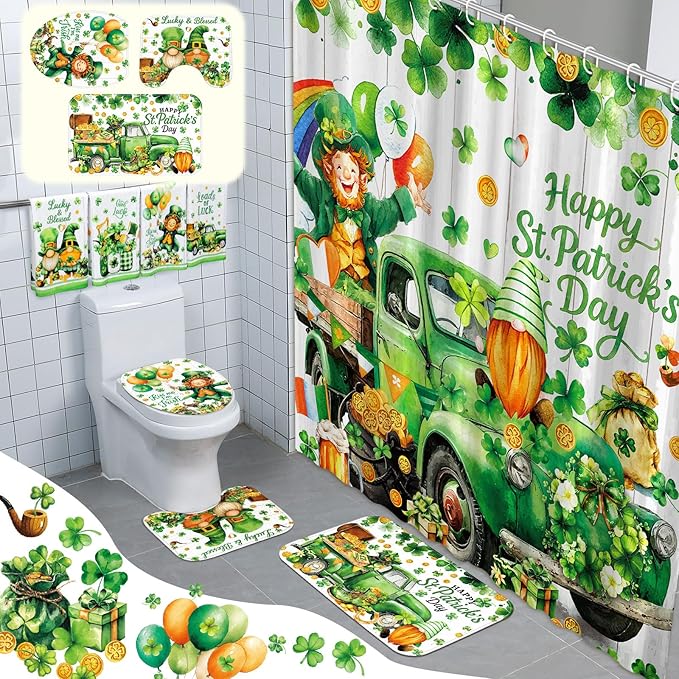 FuWeave 8 Pcs St. Patrick's Day Shower Curtain Sets for Bathroom Decor Shamrock Bathroom Accessories Irish Lucky Clover Green Shower Curtain Sets with Towels Carpet Bath Mat Toilet Rugs and 12 Hooks