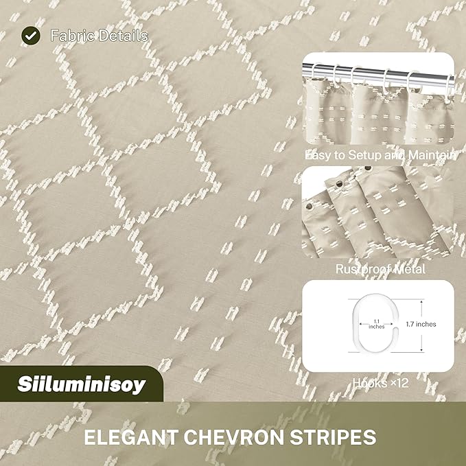 Beige Boho Woven Fabric Cute Shower Curtain, 72 x 72 Tufted Chevron Textured Striped Modern Farmhouse Minimalist Cloth Shower Curtain for Bathroom