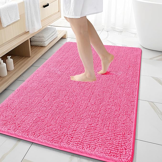 OLANLY Bathroom Rugs 59x35, Extra Soft Absorbent Chenille Bath Rugs, Rubber Backing Quick Dry, Machine Washable Bath Mats for Bathroom Floor, Tub and Shower, Home Decor Accessories, Hot Pink