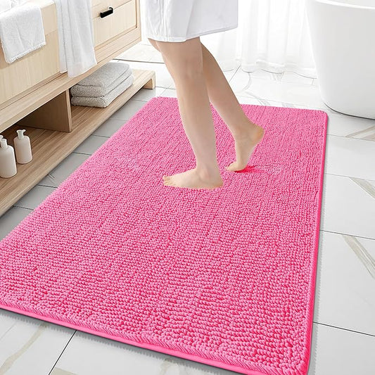 OLANLY Bathroom Rugs 59x35, Extra Soft Absorbent Chenille Bath Rugs, Rubber Backing Quick Dry, Machine Washable Bath Mats for Bathroom Floor, Tub and Shower, Home Decor Accessories, Hot Pink