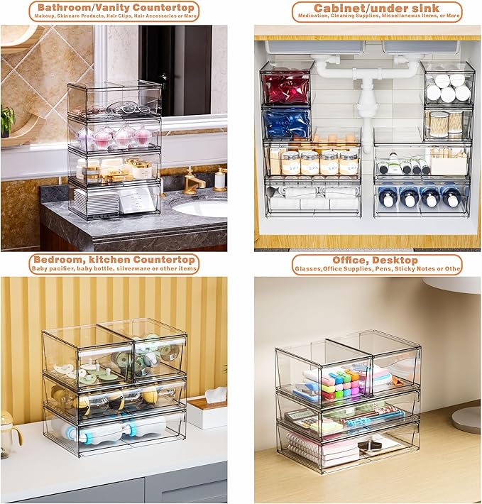 6 Pack Clear Stackable Storage Drawers,12"W Large Bathroom Makeup Organizer and Pen,Sunglass,Medicine,Baby Bottle Organizer,Plastic Pull Out Storage Bins for Desk,Under Cabinets,Vanity Countertop