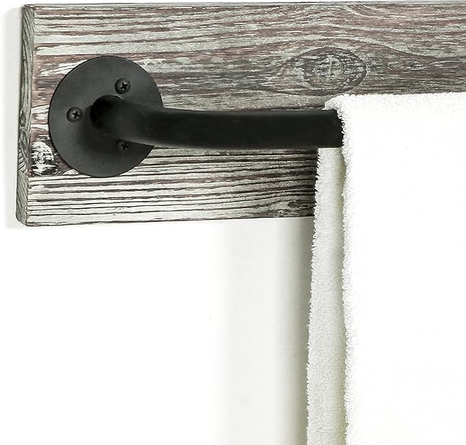 MyGift Bathroom Towel Rack, Hand Towel Holder Wall Mounted, Industrial Fixtures Hanging Towel Bar, Farmhouse Bathroom Decor, Rustic Torched Solid Wood with Realistic Metal Pipe