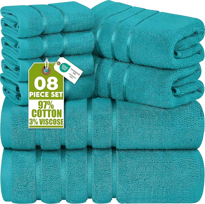 Utopia Towels 8 Piece Luxury Towel Set, 2 Bath, 2 Hand, and 4 Wash Cloths, 600 GSM Ring Spun Cotton, Highly Absorbent Viscose Stripe Towels, Ideal for Everyday use, Turquoise
