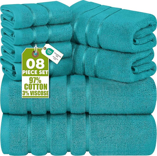 Utopia Towels 8 Piece Luxury Towel Set, 2 Bath, 2 Hand, and 4 Wash Cloths, 600 GSM Ring Spun Cotton, Highly Absorbent Viscose Stripe Towels, Ideal for Everyday use, Turquoise
