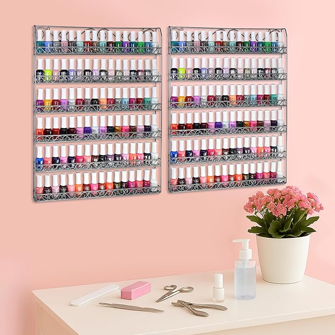 AMT Metal Nail Polish Racks for The Wall | Clear Nail Polish Display | Essential Oils Organizer | Holds up to 108 Bottles (Silver - 2 Pack)