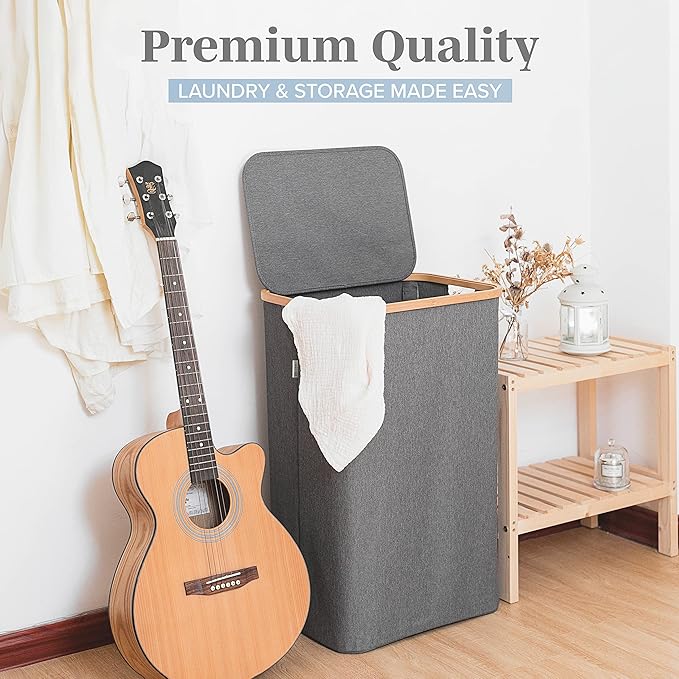 LONBET Laundry Basket with Lid, Made from Breathable Fabric | Aesthetic Clothes Hampers for Laundry with Side Handles & Sturdy Bamboo Frame (26 Gallons - Single, Gray)