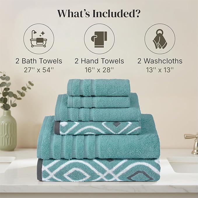 Modern Threads Classic Diamond 6-Piece 100% Cotton Towel Set – Yarn Dyed Jacquard – Includes 2 Bath Towels, 2 Hand Towels, 2 Washcloths – Absorbent, Quick Dry, Soft & Durable – Aqua