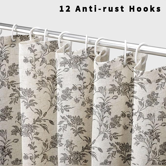 Black Shower Curtain Floral Cotton Linen Cottagecore Shower Curtain for Bathroom 72" W x 84" L