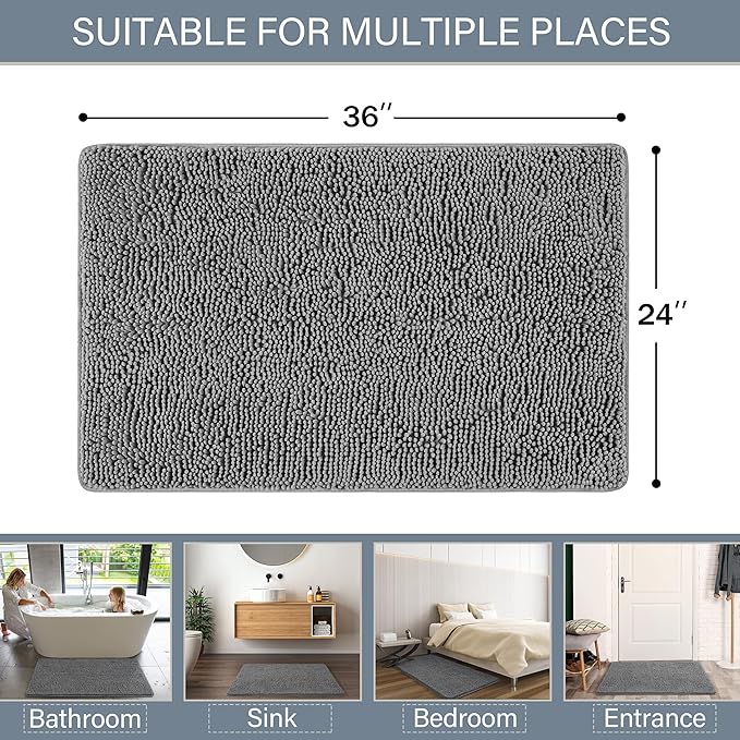 LOCHAS Luxury Bathroom Rug Shaggy Bath Mat 24 x 36 Inch, Washable Non Slip Bath Rugs for Bathroom Shower, Soft Plush Chenille Absorbent Carpets Mats, Light Gray