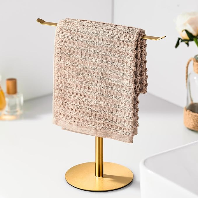 Gold Hand Towel Holder Stand ?€? Countertop T-Shaped Stainless Steel Towel Rack with Non-Slip Base for Vanity and Kitchen