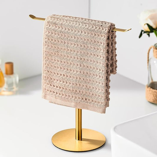 Gold Hand Towel Holder Stand – Countertop T-Shaped Stainless Steel Towel Rack with Non-Slip Base for Vanity and Kitchen
