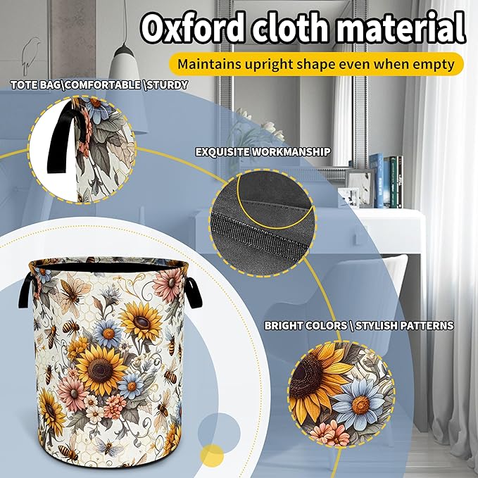 NUTAINLA Bee Sunflower Laundry Basket Flower Foldable Oxford Cloth Funny Tote Bag Laundry Hamper Clothes Storage Bucket Toy Organizer For Bathroom/Laundry Storage/Bedroom 18.9x16.5 Inch