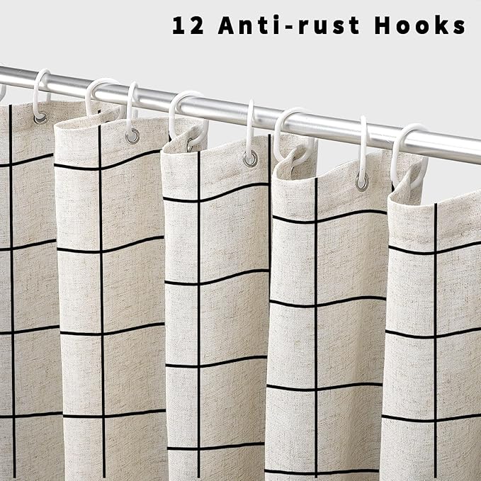 Farmhouse Plaid Shower Curtain Beige Linen Shower Curtains for Bathroom Natural Black Pattern 72 x 72 Inch