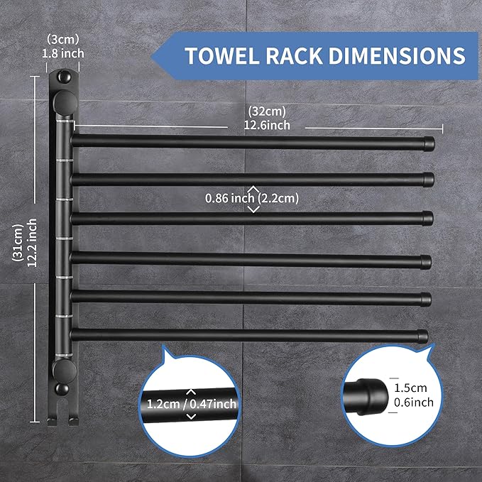Swivel Towel Rack, 12.6 Inch Towel Bar with Wall Mounted 180° Rotation, 6 Arms Towel Hanger SUS 304 Stainless Steel, Space Saving for Kitchen, Bathroom, Outdoor, Matte Black