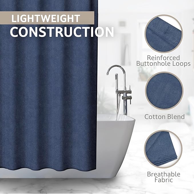 Luxurious Cotton Blend Shower Curtain - Spa Quality Bathroom Essential with Buttonhole Loops, Easy to Install & Clean, 72x72 inch, Home Spa Collection (Navy Linen)