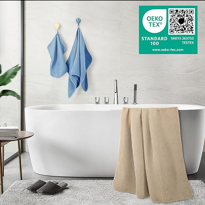 POLYTE 430 GSM Microfiber Quick Dry Lint Free Oversize Bath Towel Set, 6 Piece (Waffle Weave)