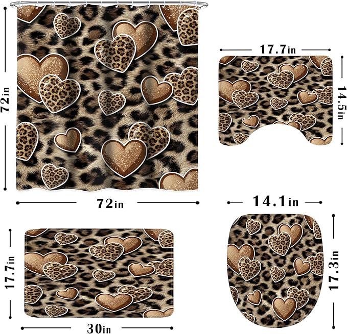 LIGHTINHOME 4 PCS Leopard Print Heart Shower Curtain Set 72Wx72H,Toilet Lid Cover,Non-Slip Rugs and U-Shaped Mat,Wildlife Cheetah Bathroom Sets with Rugs Shower Accessories 12 Hooks for Bathroom Decor