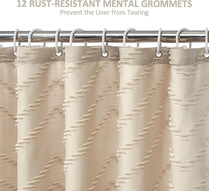 Extra Long Beige Boho Shower Curtain with Tassel, Woven Fabric 90 in, Tufted Chevron Striped, 72 x 90, Modern Chic Textured Minimalist Bathroom