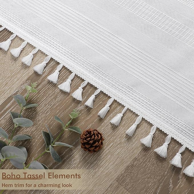 OVZME Extra Long White Boho Shower Curtain 84 Inch Long, Modern Farmhouse Heavy Duty Textured Soft Fabric, Rustic Country Cloth Shower Curtain with Tassel for Bathroom Hotel, 72Wx84L, White