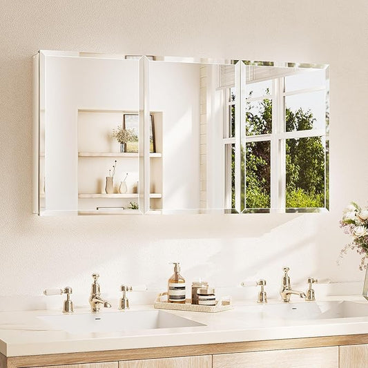 TETOTE 48 x 26 Medicine Cabinet with Tempered Beveled MirrorWhiteMedicine Cabinet Mirror Aluminum Cabinet DTC Hinges, Stepless Adjustable Shelves, Recessed/Surface-Mounted
