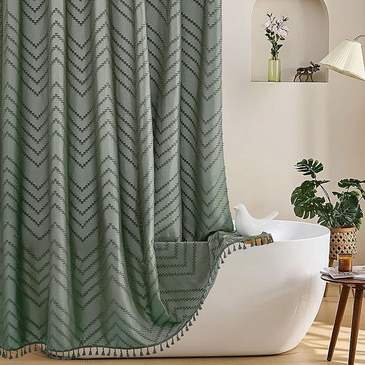Extra Long Sage Green Boho Shower Curtain with Tassel, Woven Fabric 84 in Shower Curtain, Tufted Chevron Striped, 72 x 84, Modern Chic Textured Minimalist Bathroom Shower