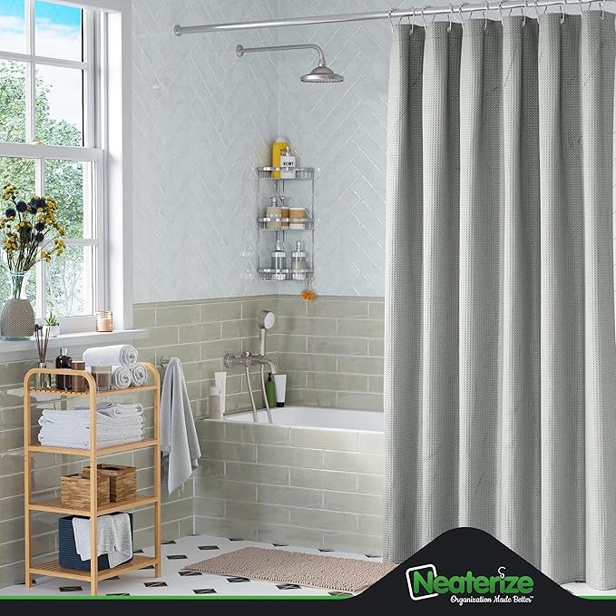 NEATERIZE Shower Curtain Grey - Hotel Style Grey Shower Curtains for Bathroom with Waffle Design, 72x84 Inches - Fabric Shower Curtain - Cortinas de Baño Elegantes