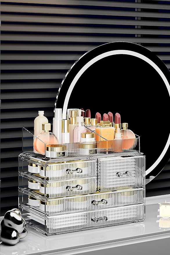 Clear Makeup Organizer with Acrylic Drawers - Ideal Makeup Organizer for Vanity or Dresser with Clear Storage Drawers,1 Top, 5 Drawers, Pattern E