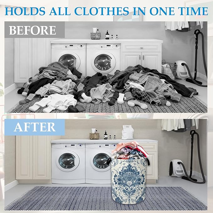 Vintage Blue Floral Laundry Basket Collapsible Laundry Hamper Clothes Toy Storage Bin for Bathroom Bedroom Room Decor 16" X 20.8"