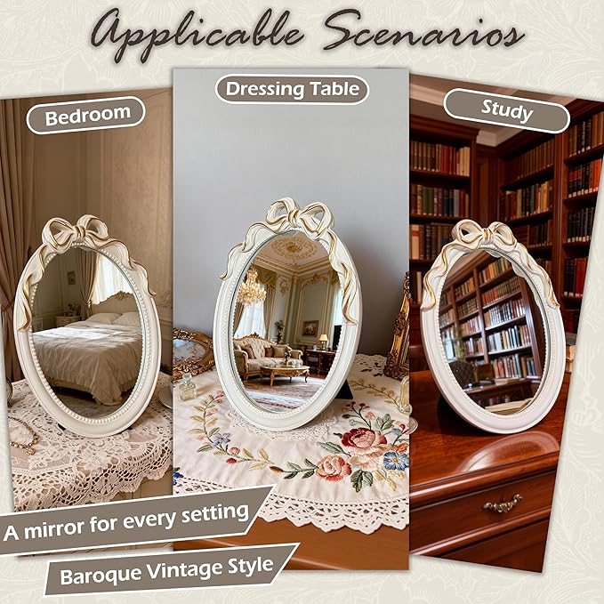 Vintage Vanity Desk Mirror -13x10Inch Wall-Mounted & Tabletop Decorative Ornate Gold Accent Retro Makeup Mirror for Bedroom Dresser Bathroom Living Room Oval