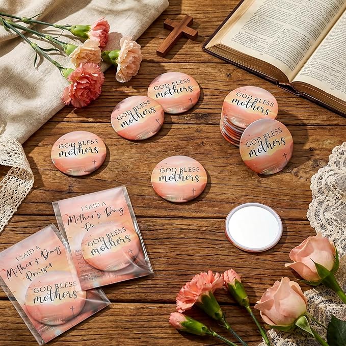 50 Set Mother's Day Inspirational Compact Mirror Religious Bulk Gift for Women Christian Mini Makeup Pocket Mirror Administrative Professional Gift with Card for Volunteer Employee Teacher (Lake)