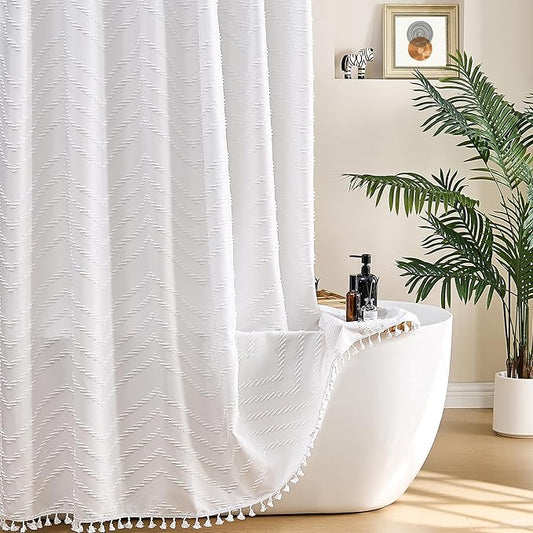 White Shower Curtain Fabric Boho Shower Curtain Cloth Textured Tufted Chevron Elegant Shower Curtains Waterproof for Bathroom 72" x 72"