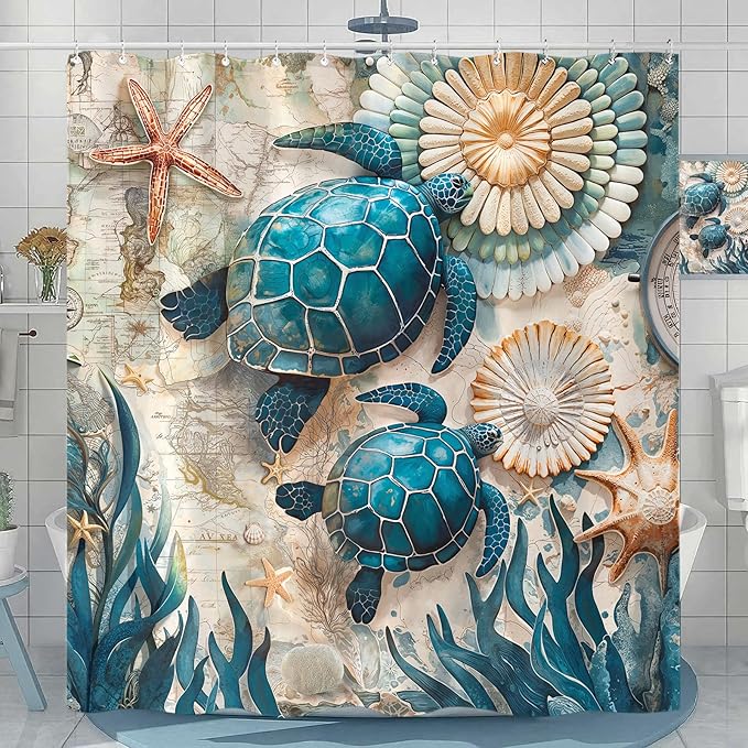 84 Inch Extra Long Nautical Sea Turtle Shower Curtain Vintage Ocean Teal Blue Turtles Seashell Starfish Shower Curtains for Bathroom 3D Retro Map Beach Coastal Waterproof Fabric Bath Curtain Decor