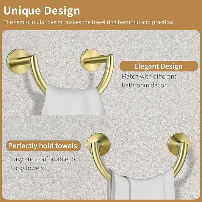 HouseAid Stainless Steel Towel Ring for Bathroom, Hand Towel Holder, Modern Semi-Circular Hand Towel Rack, Wall Mounted, Brushed Gold