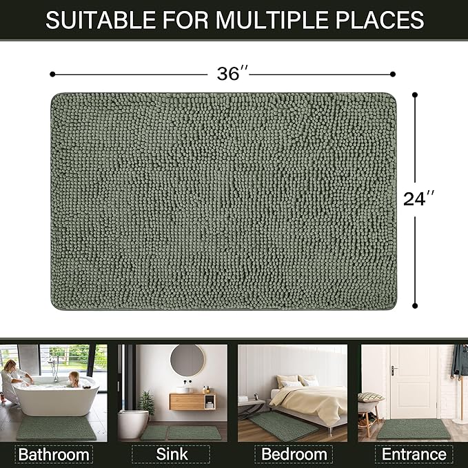 LOCHAS Luxury Bathroom Rug Shaggy Bath Mat 24 x 36 Inch, Washable Non Slip Bath Rugs for Bathroom Shower, Soft Plush Chenille Absorbent Carpets Mats, Sage Green