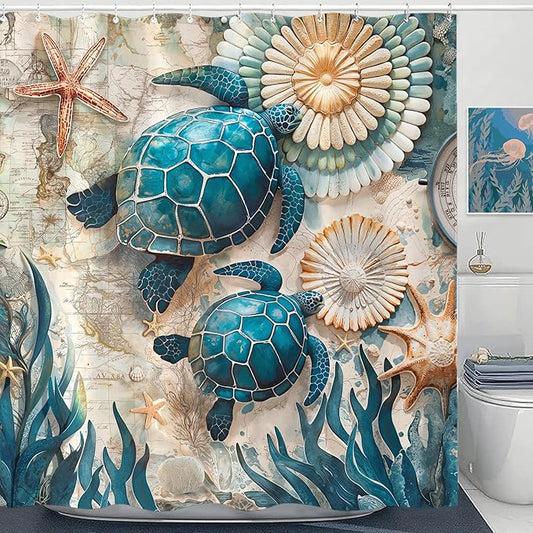 Accnicc Nautical Sea Turtle Shower Curtain Vintage Ocean Teal Blue Turtles Seashell Starfish Shower Curtains for Bathroom 3D Retro Map Beach Coastal Waterproof Fabric Bath Curtain Decor 72 X 72 Inch