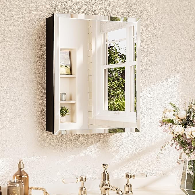 TETOTE 16 x 20 Medicine Cabinet with Tempered Beveled Mirror Black Bathroom Mirror with Storage Aluminum Cabinet DTC Hinges, Stepless Adjustable Shelves, Recessed/Surface-Mounted