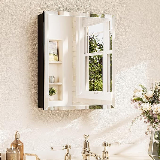 TETOTE 16 x 20 Medicine Cabinet with Tempered Beveled Mirror Black Bathroom Mirror with Storage Aluminum Cabinet DTC Hinges, Stepless Adjustable Shelves, Recessed/Surface-Mounted