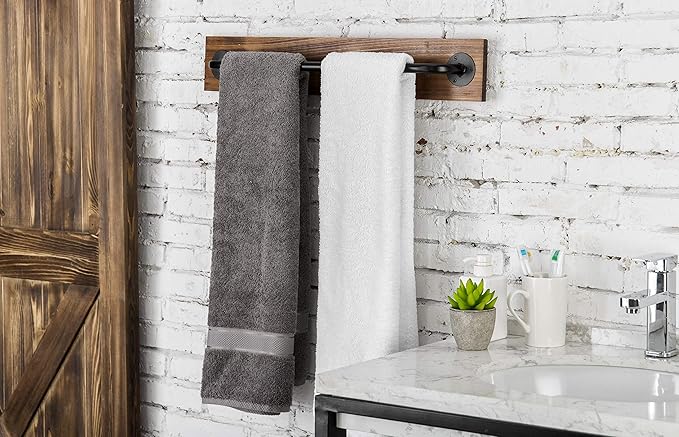 MyGift Industrial Pipe Towel Bar, 28 Inch Bathroom Wall Mounted Towel Holder with Metal Rod Rustic Burnt Wood Bathroom Sets, Farmhouse Towel Holder