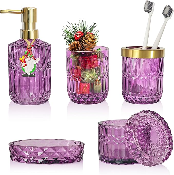 LaMarriti Purple Bathroom Accessories Set, 5Pcs Clear Glass Bathroom Decor Set, Soap Dispenser, Toothbrush Holder Set, Soap Dish, Qtip Holder, Tumbler for Vintage Crystal Bathroom Decor, Gift Set