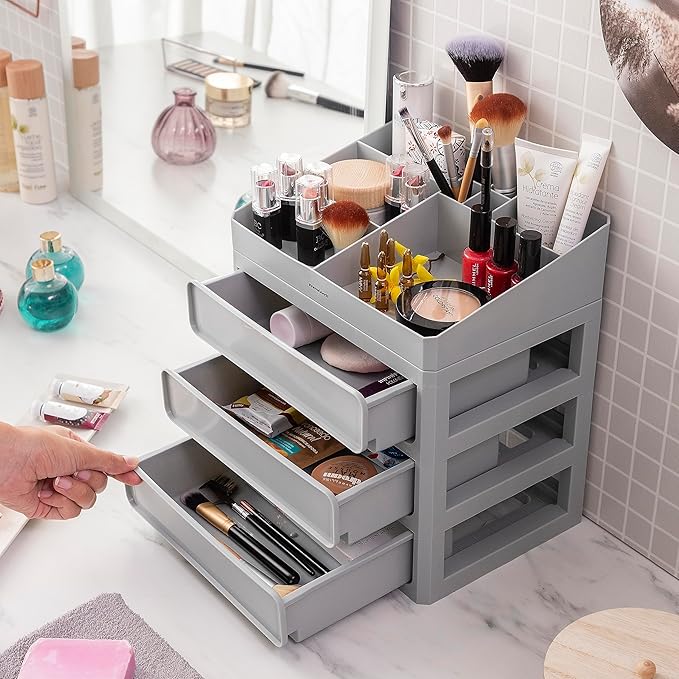 InnovaGoods® Makeup Organizer with 3 Drawers, 9 Compartments, Removable Tray, Bathroom or Bedroom Storage for Lipsticks, Palettes, Creams, Makeup Display Set, Grey