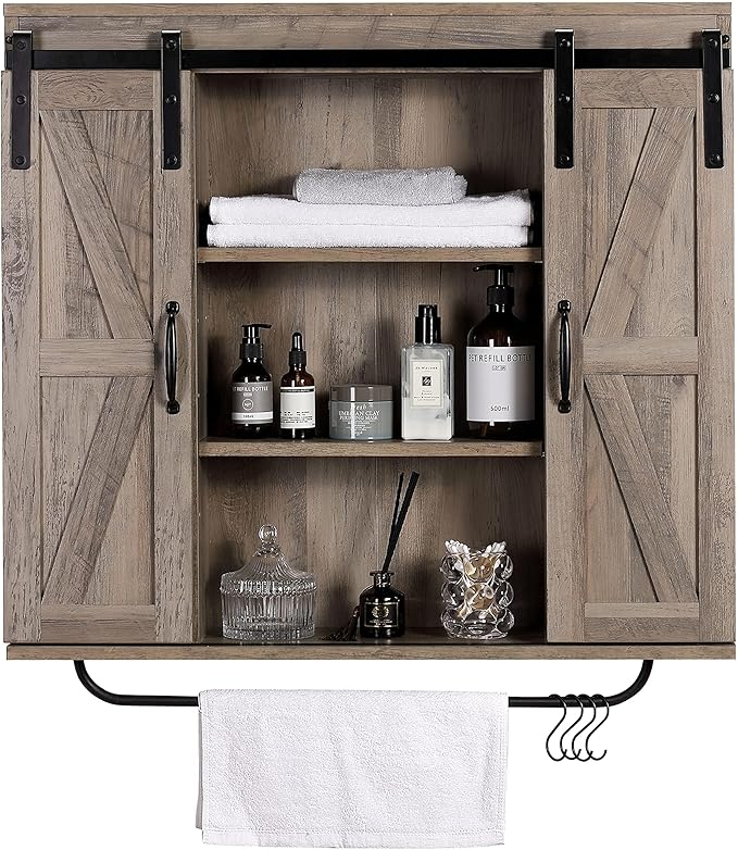 RUSTOWN Rustic Wood Wall Storage Cabinet with Two Sliding Barn Door, 3-Tier Decorative Farmhouse Vintage Cabinet for Kitchen Dining, Bathroom, Living Room, Washed Oak