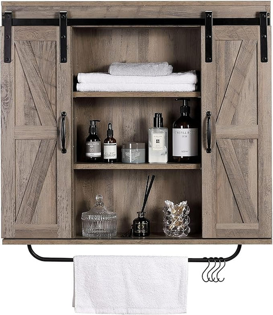 RUSTOWN Rustic Wood Wall Storage Cabinet with Two Sliding Barn Door, 3-Tier Decorative Farmhouse Vintage Cabinet for Kitchen Dining, Bathroom, Living Room, Washed Oak