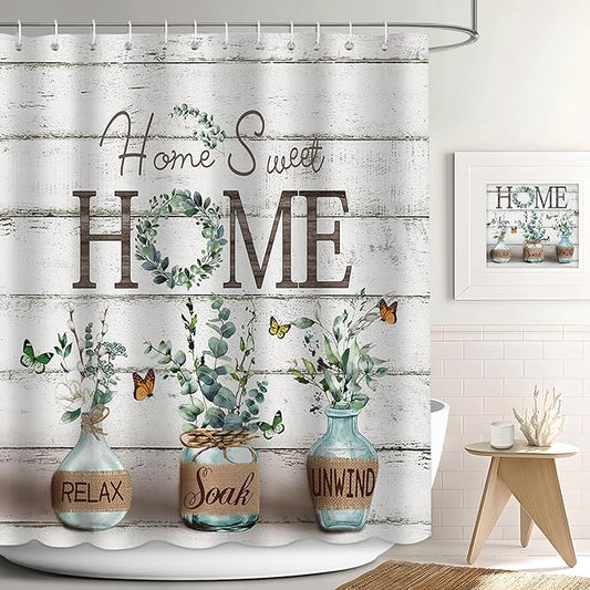 Farmhouse Shower Curtain, Green Eucalyptus Rustic Bathroom Decor with Waterproof Fabric, Country Style Relax Soak Unwind Butterfly Shower Curtains for Vintage Bathroom, 72x72 Inch
