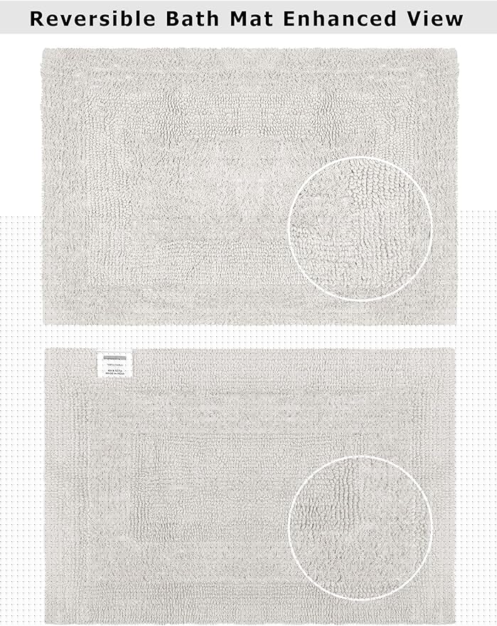 COTTON CRAFT Luxurious Bath Mat Rug - Set of 2 Reversible Heavyweight Step Out Bath Mats for Bathroom Floor, Tub and Shower - Pure Cotton Soft Plush Absorbent Tufted Racetrack Mat - 17 x 24 - Platinum
