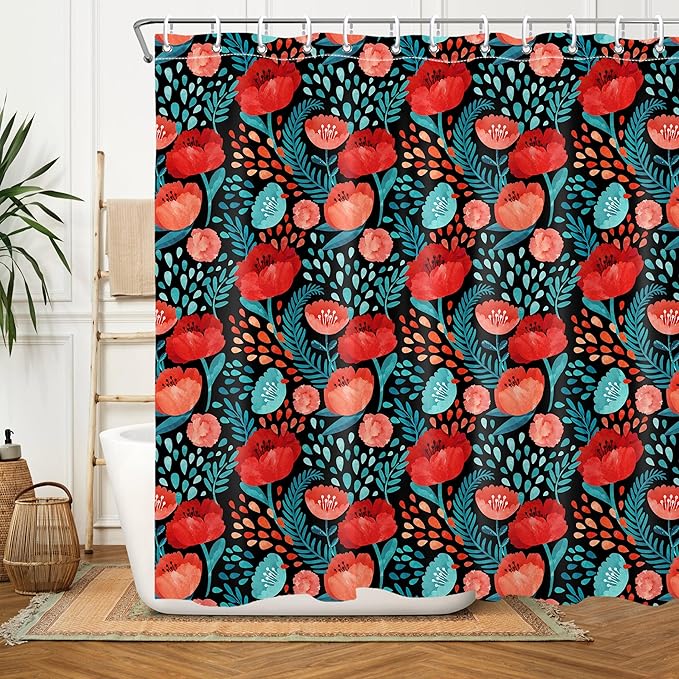 Red Floral Shower Curtain Butterfly Flower Bathroom Shower Curtain Set Boho Cute Shower Curtains Fabric Cloth Shower Curtain