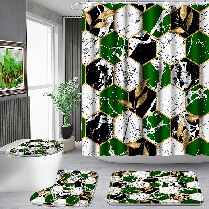 Poedist Shower Curtain Set with Rugs,Bathroom Accessory Set, Including Non-Slip Rugs,Toilet Lid Cover and Bath Mat, Waterproof Shower Curtain with 12 Hooks,Green and White Honeycomb Marble
