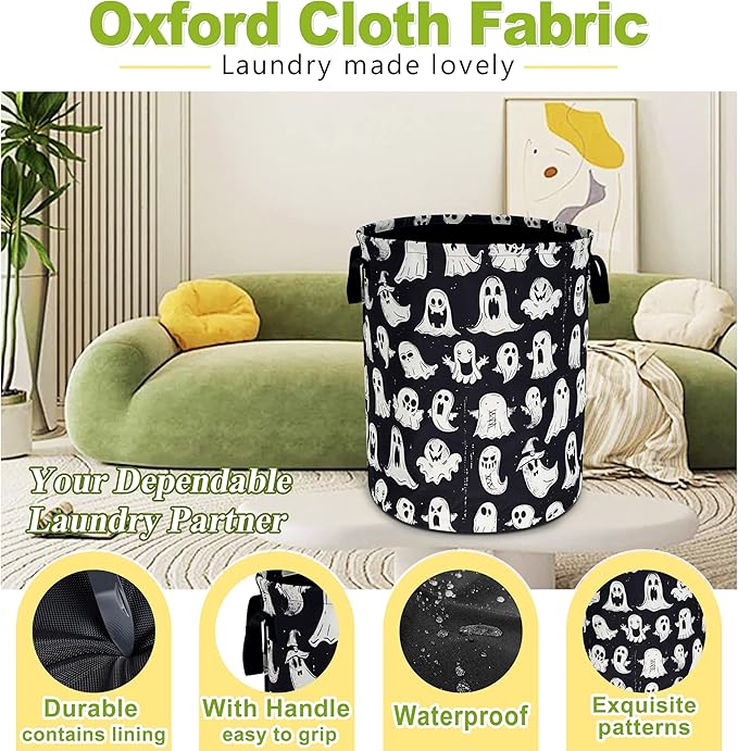 Cute Ghost Laundry Basket Funny Spooky Foldable Waterproof Oxford Cloth Tote Bag Laundry Hamper Round Large Clothes Storage Bucket Toy Organizer For Bathroom/Laundry Storage/Bedroom 18.9x16.5 Inch