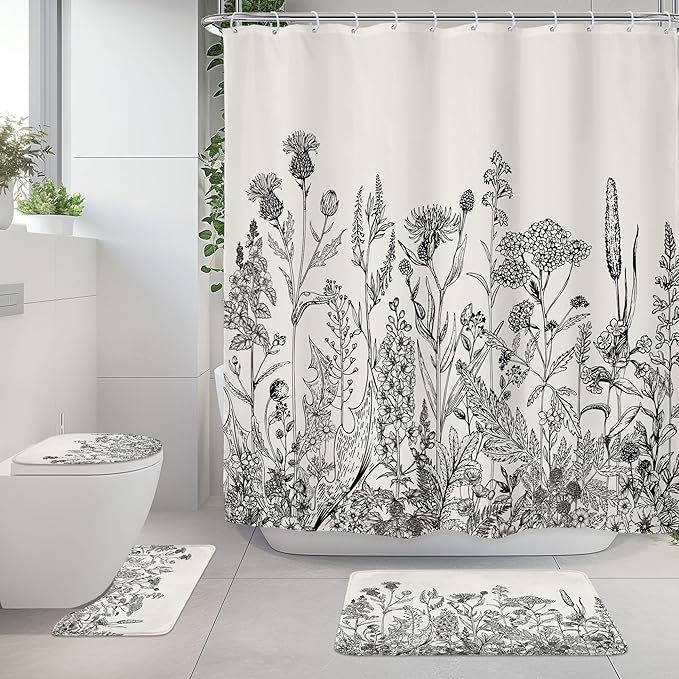 Riyidecor Black Grey Floral Wildflower 4Pcs Bathroom Shower Curtain Sets Botanical Rustic Leaves Bathroom Decor Set with Rugs and Accessories Vintage Toilet Lid Rug, Contour and Bath Mat with 12 Hooks