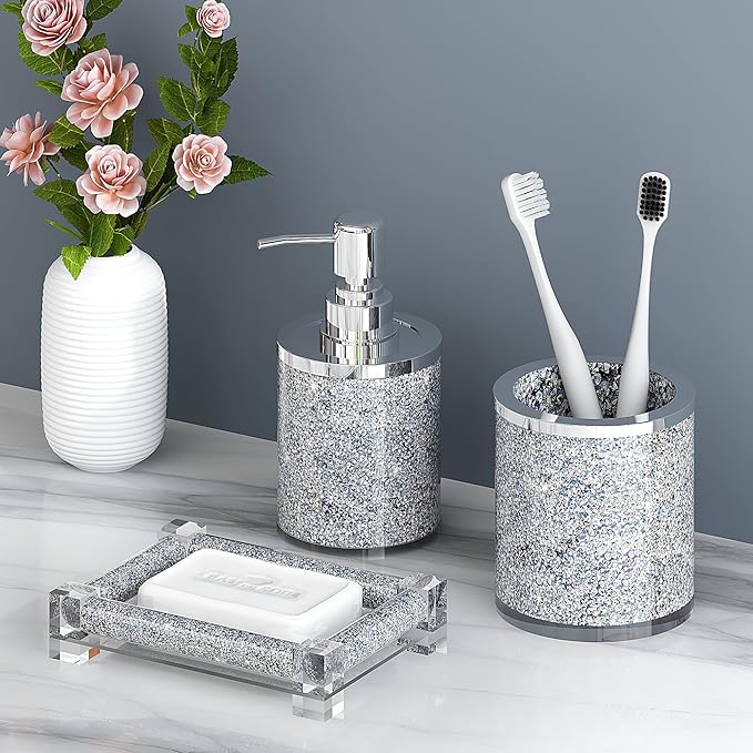 SHYFOY Bathroom Accessories Set, 3 Piece Silver Crystal Crushed Diamond Bathroom Accessory Decor Sets, Glass Bath Restroom Set Vanity Organizer Includes Soap Dispenser, Toothbrush Holder, Soap Dish